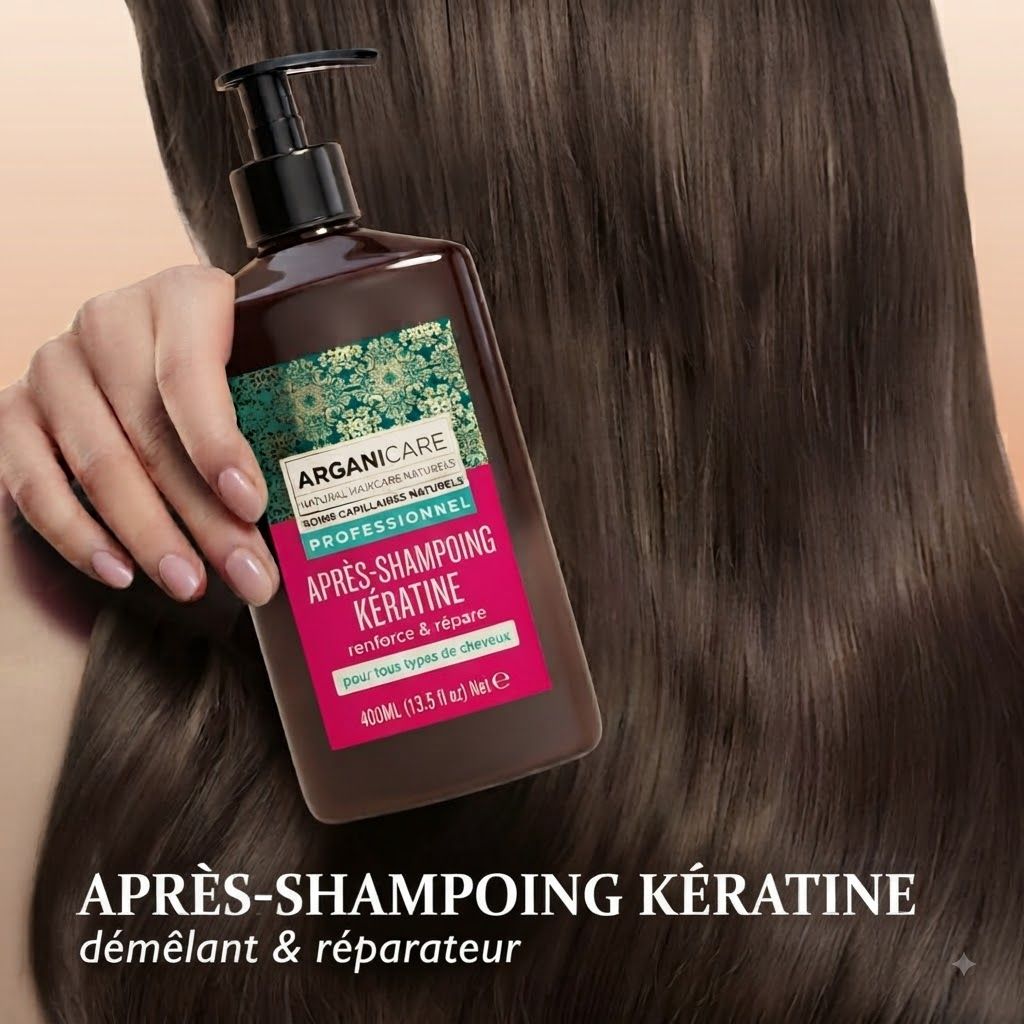 Bouteille d'Arganicare Keratin Conditioner avec instructions d'utilisation pour les soins capillaires.