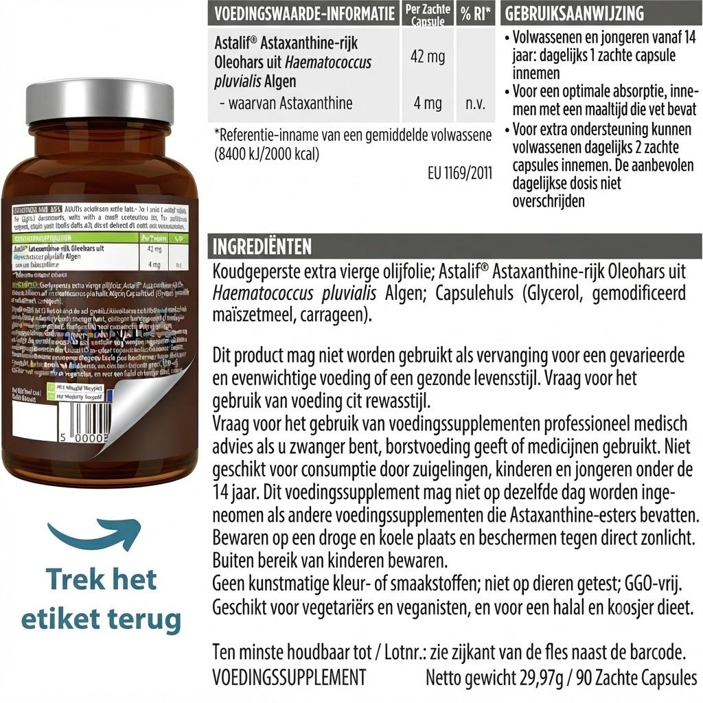 Close-up van rode algen, de bron van astaxanthine, met tekst over natuurlijke en pure algen in het Italiaans.