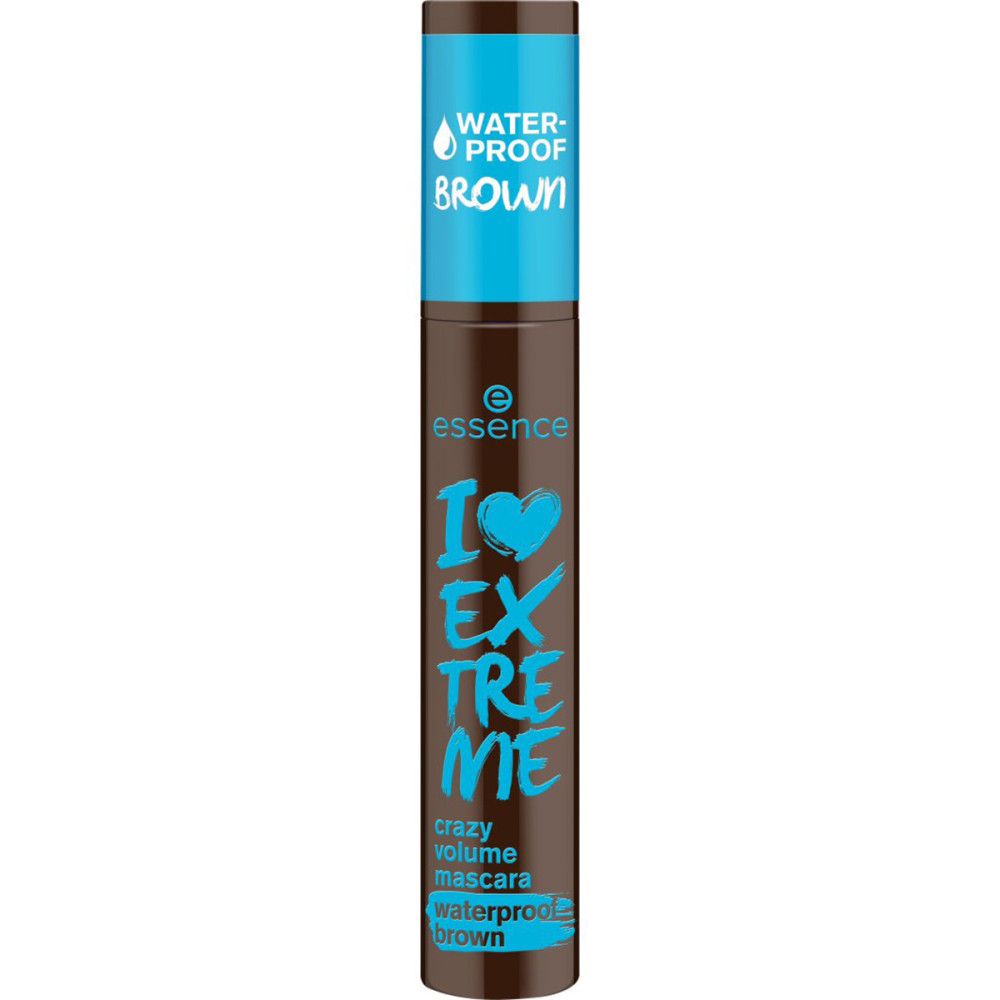 Tube de mascara marron avec bouchon bleu. Inscription: I Love Extreme Crazy Volume Mascara Waterproof Brown. Marque: Essence.