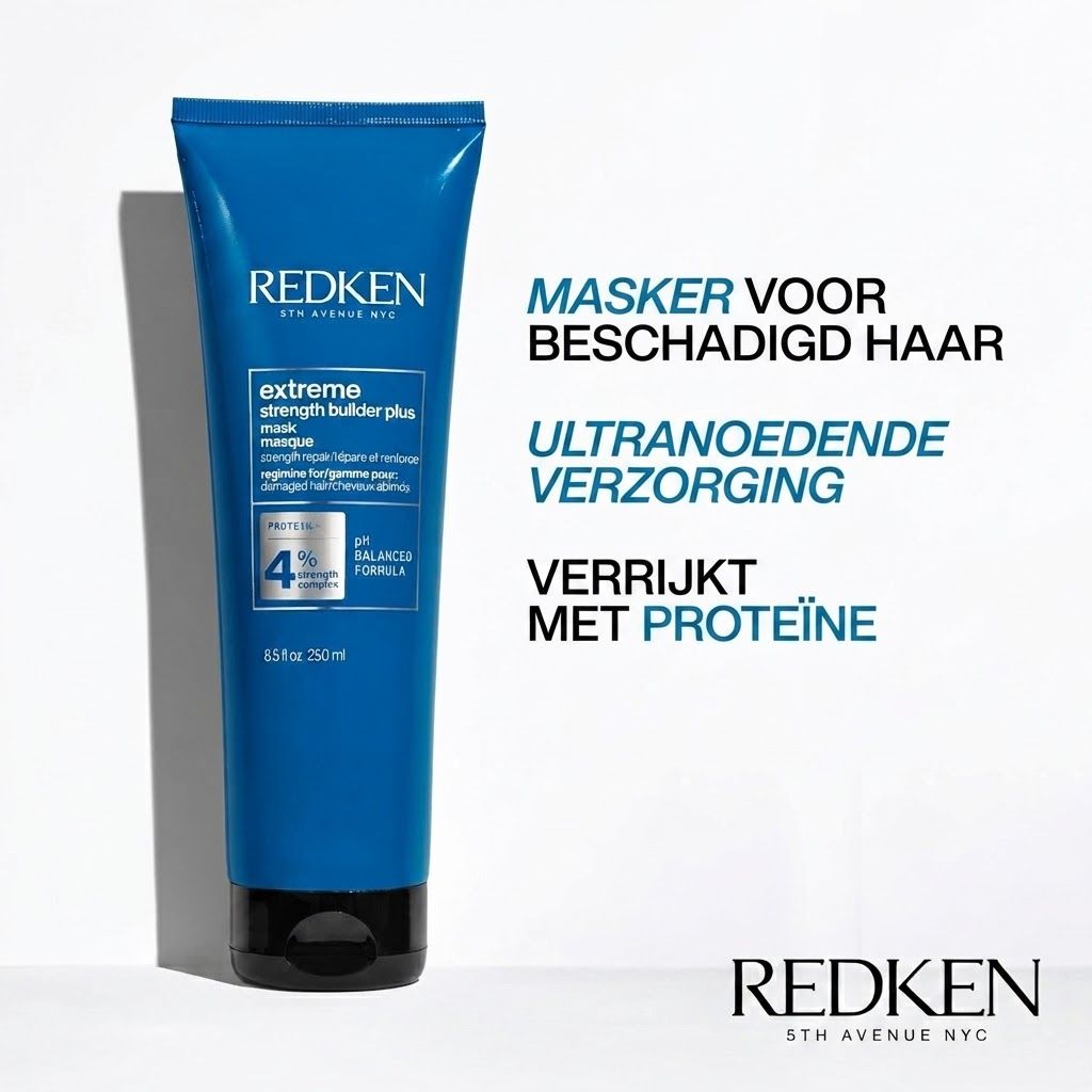 Redken Extreme Strength Builder Plus masker, 250ml, in blauwe tube.