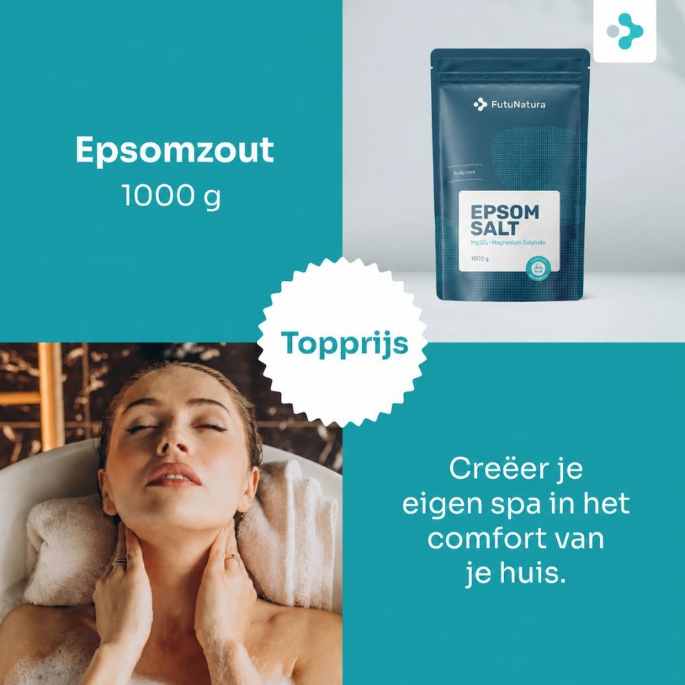 FutuNatura Epsomzout in zakje. Vrouw in bad. Tekst: Topprijs. Creëer je eigen spa thuis.