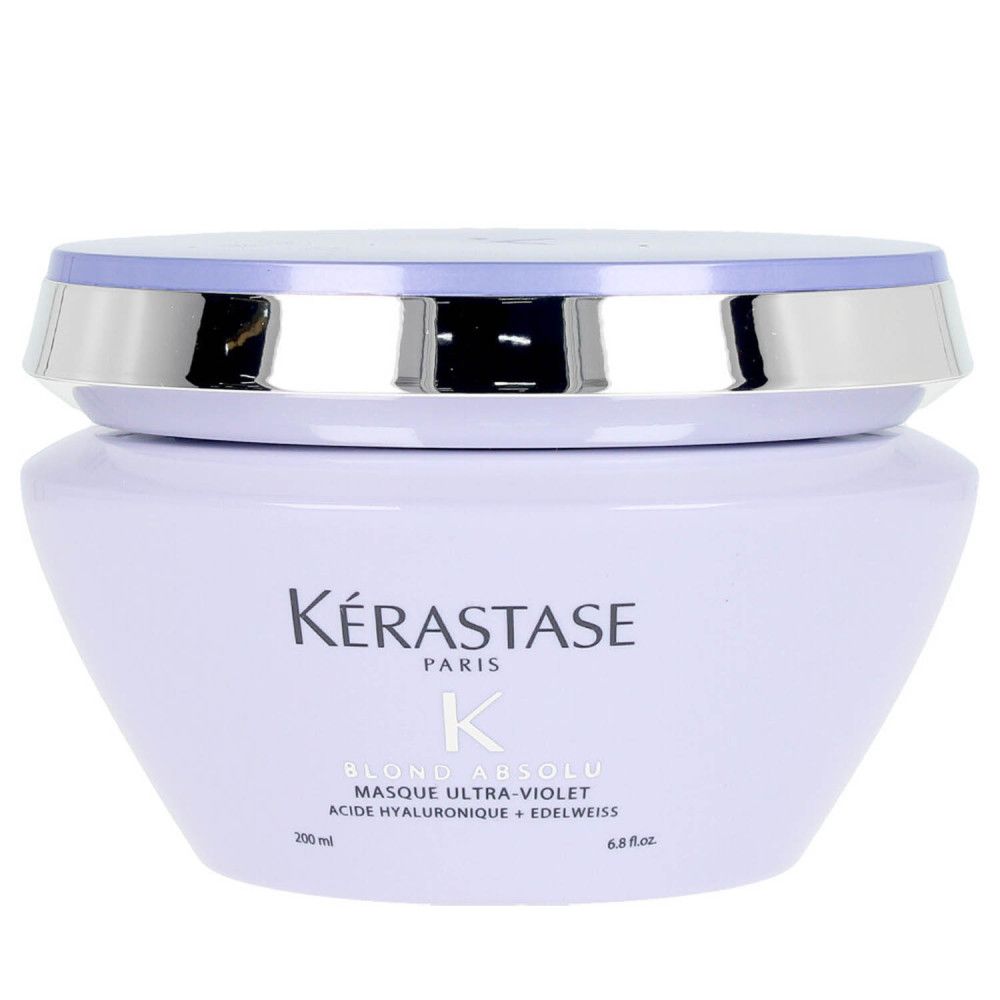 Kérastase Masque Ultra-Violet. Paarse pot met zilveren deksel. Tekst en logo. 200 ml.