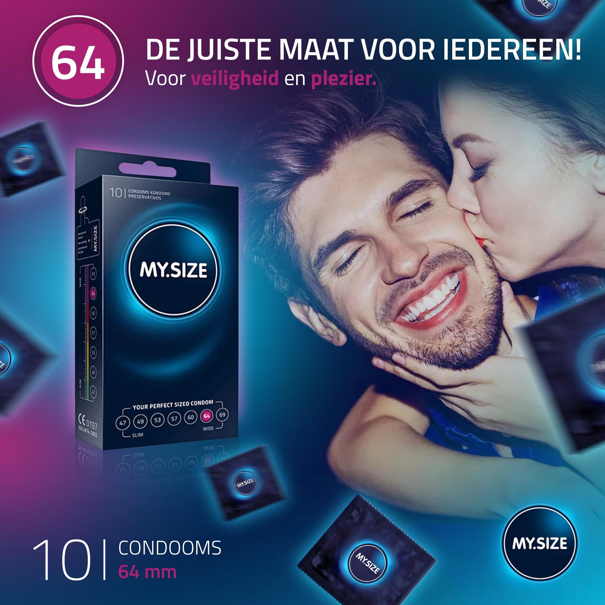 Doos met 10 MY.SIZE 64mm condooms. Donkerblauw met gloeiende cirkels en maatindicaties.