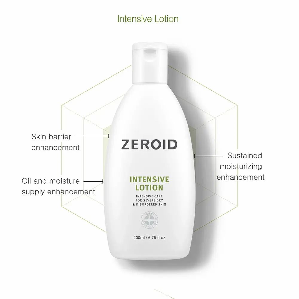 Flacon ZEROID Intensive Lotion avec texte. Diagramme avec flèches et texte : barrière cutanée, hydratation.