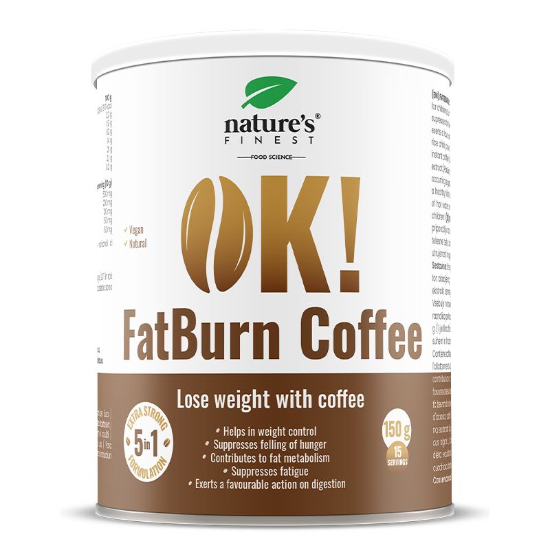 Witte verpakking met bruine accenten. Opschrift: OK! FatBurn Coffee. Groen blad-logo. Tekst: Lose weight with coffee.