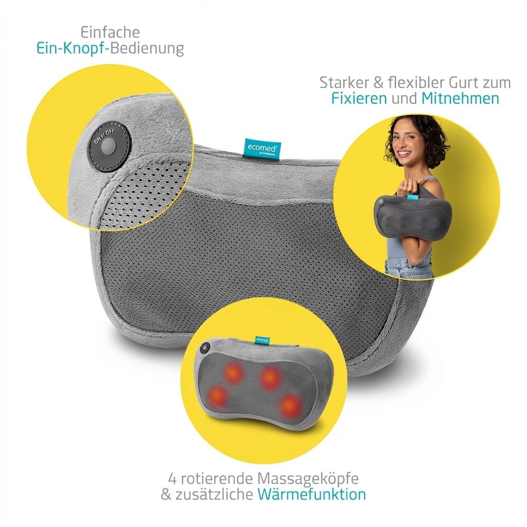 Coussin de massage Shiatsu gris avec gros plans de la commande et des têtes de massage.