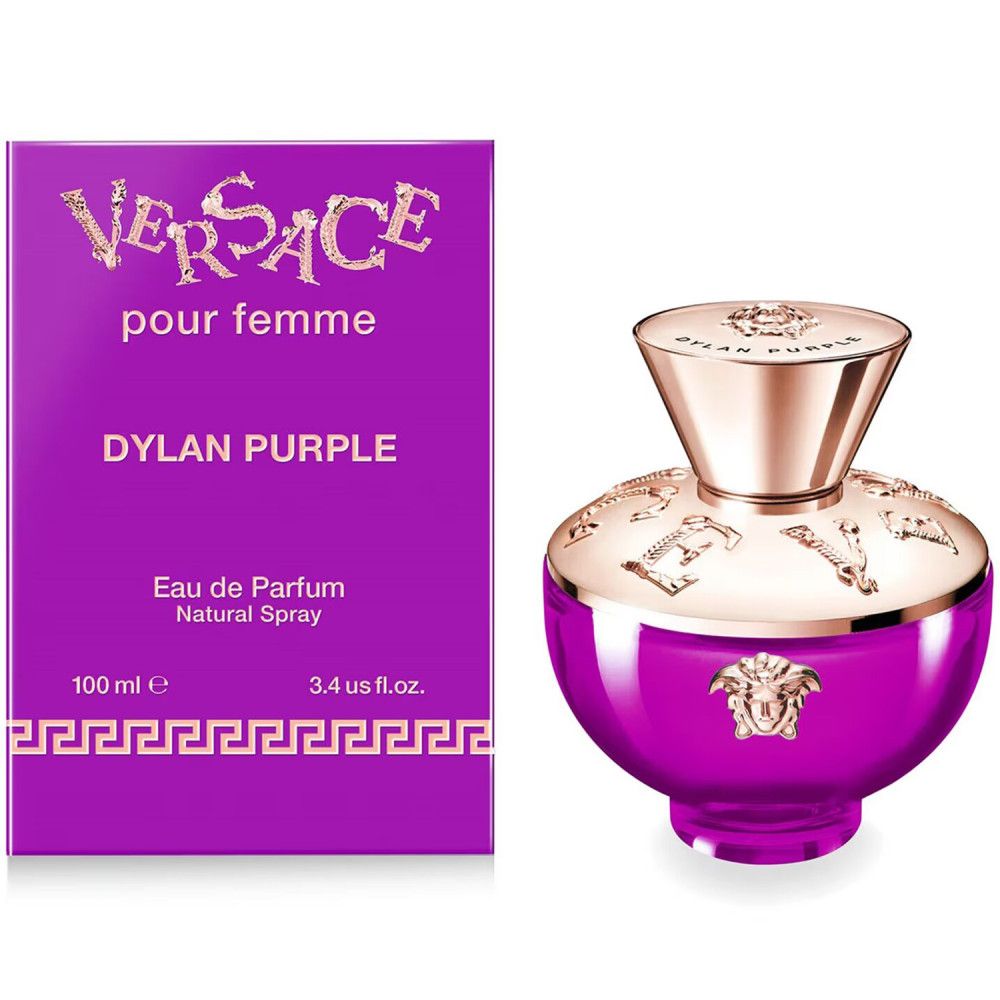 Paarse fles en doos. Gouden dop. Opschrift: Versace Pour Femme Dylan Purple. 100 ml.