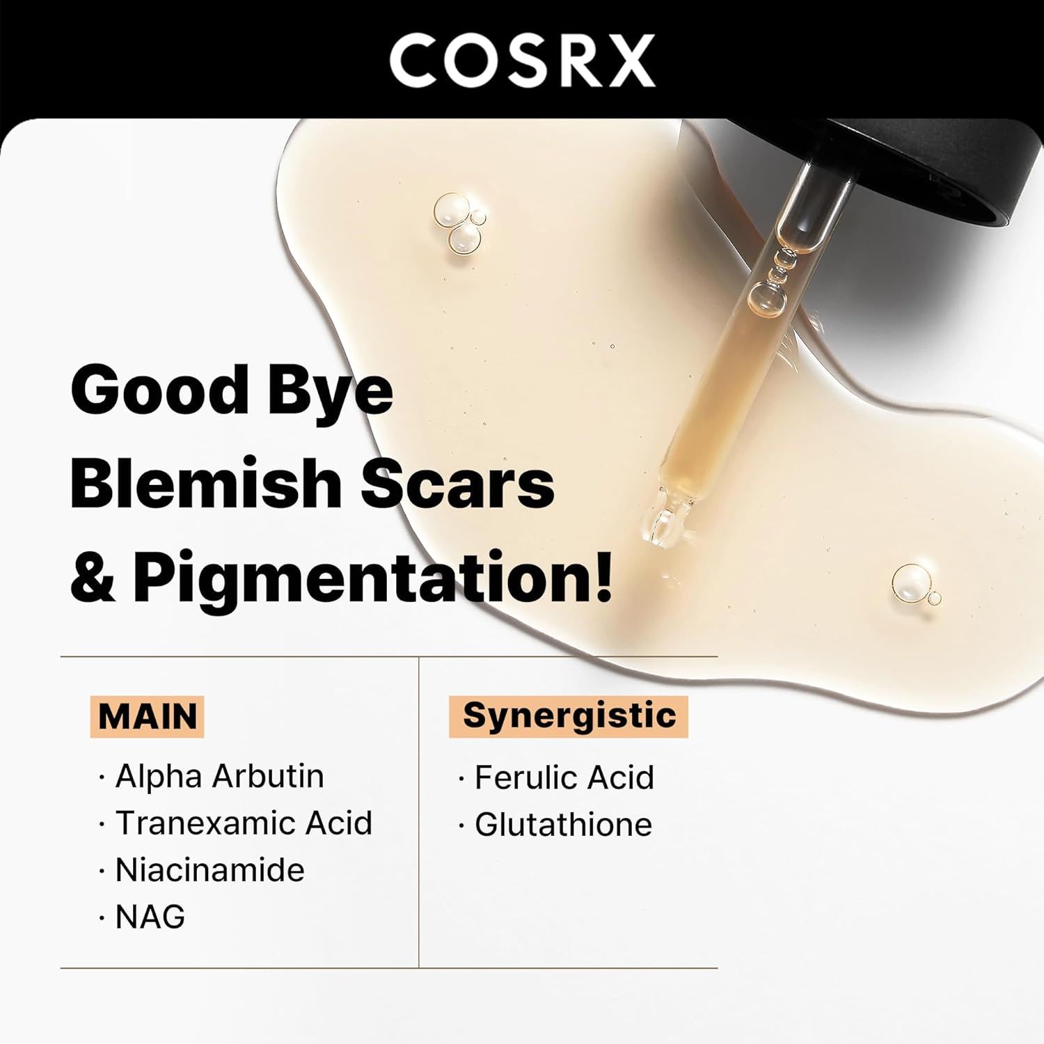 Serum met Alpha-Arbutin. Tekst: Good Bye Blemish Scars & Pigmentation! Belangrijkste en synergistische ingrediënten. Merk COSRX.