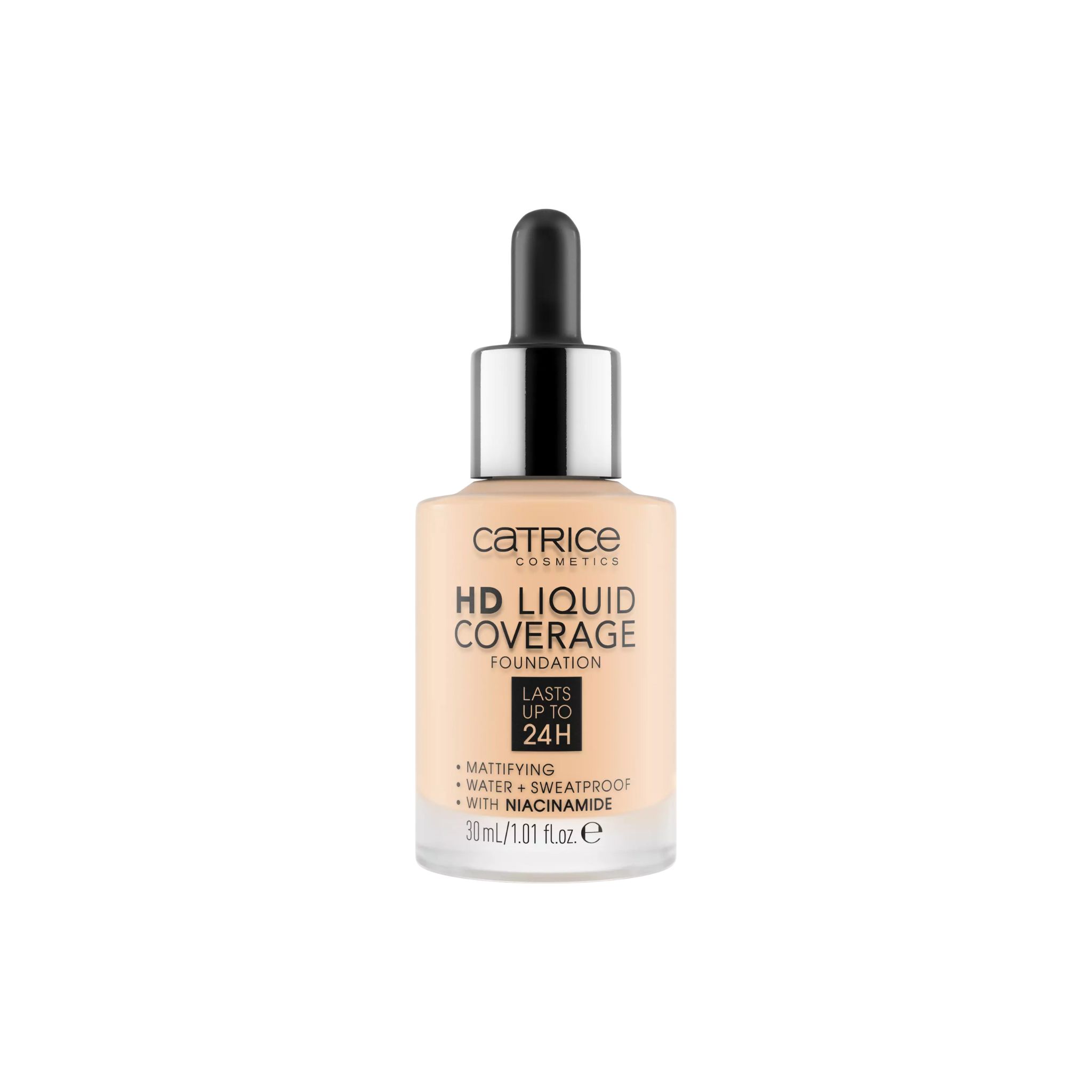 Catrice HD Liquid Coverage Foundation, Porcelain Beige. Fles met pipet. Tekst: Matterend, waterbestendig, met Niacinamide. 30ml.