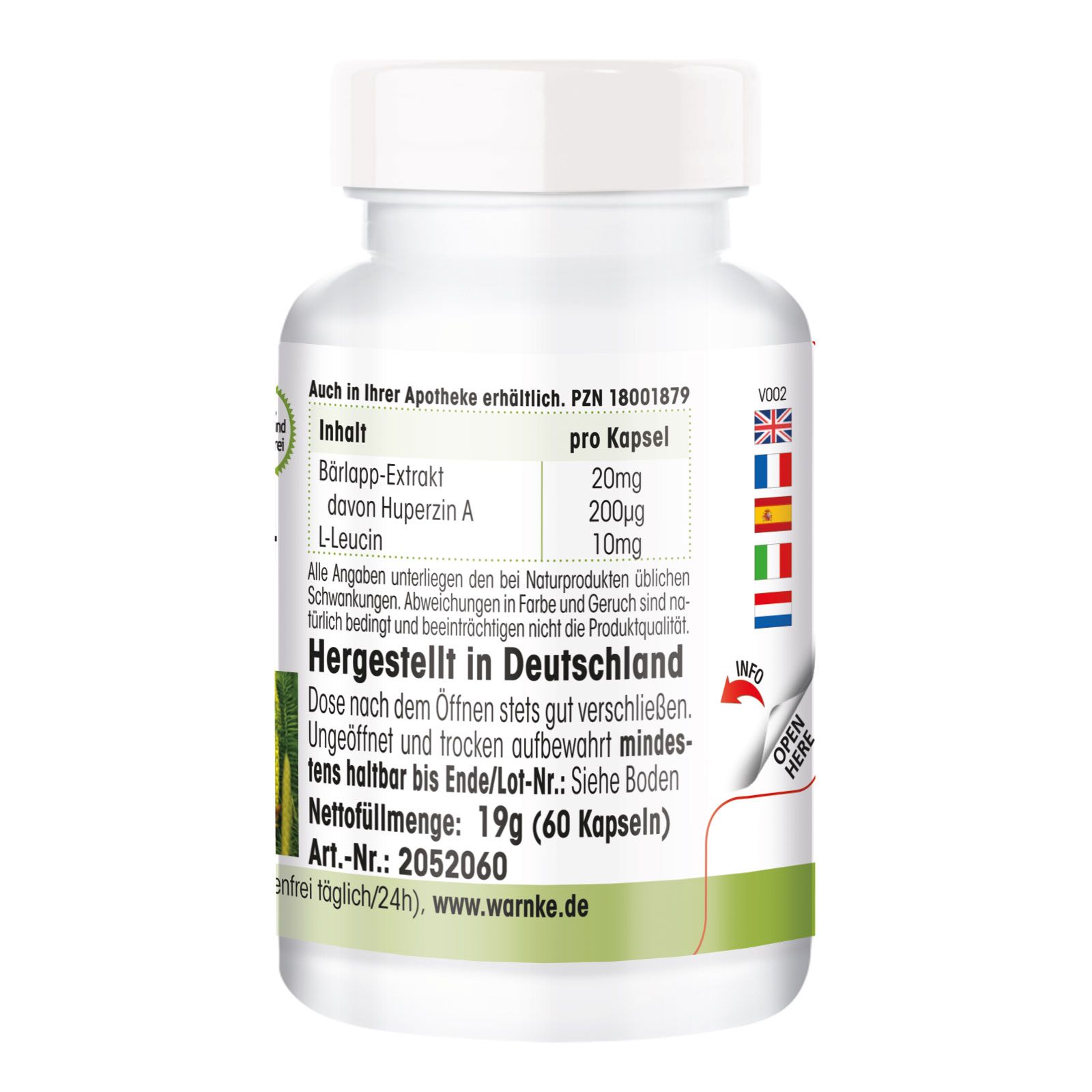 Dos du flacon blanc. Texte: Contenu par gélule, fabriqué en Allemagne, poids net 19g (60 gélules).