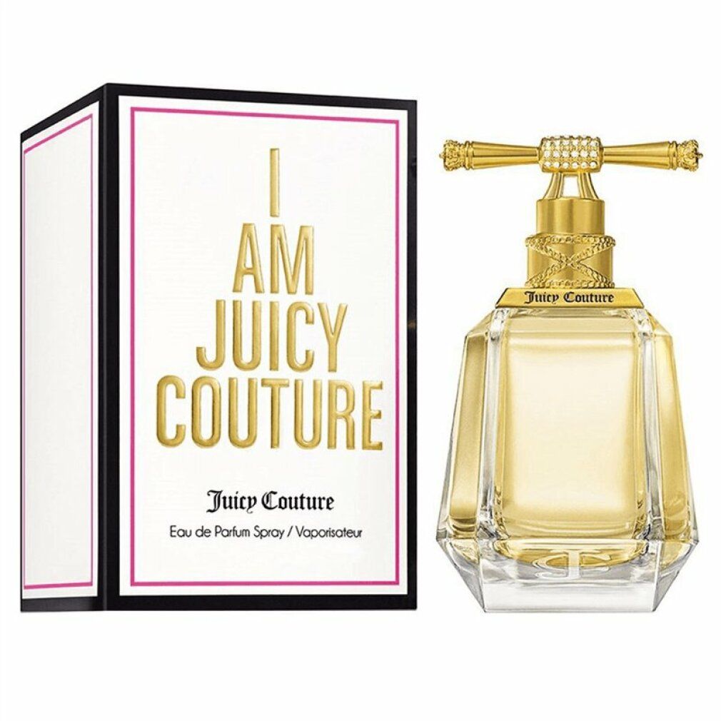 Flacon de parfum et emballage. Boîte blanche avec inscription dorée 'I AM JUICY COUTURE'.