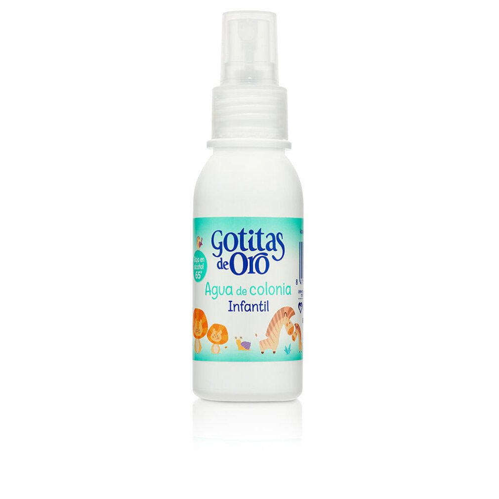 Flacon blanc avec vaporisateur. Inscription: Gotitas de Oro, Agua de colonia Infantil. Illustrations d'animaux.