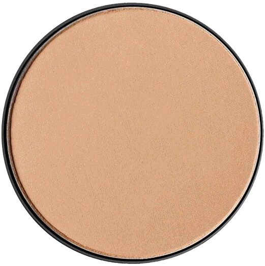 Ronde, beige poeder navulling met zwarte rand. Compacte vorm. Bovenaanzicht.