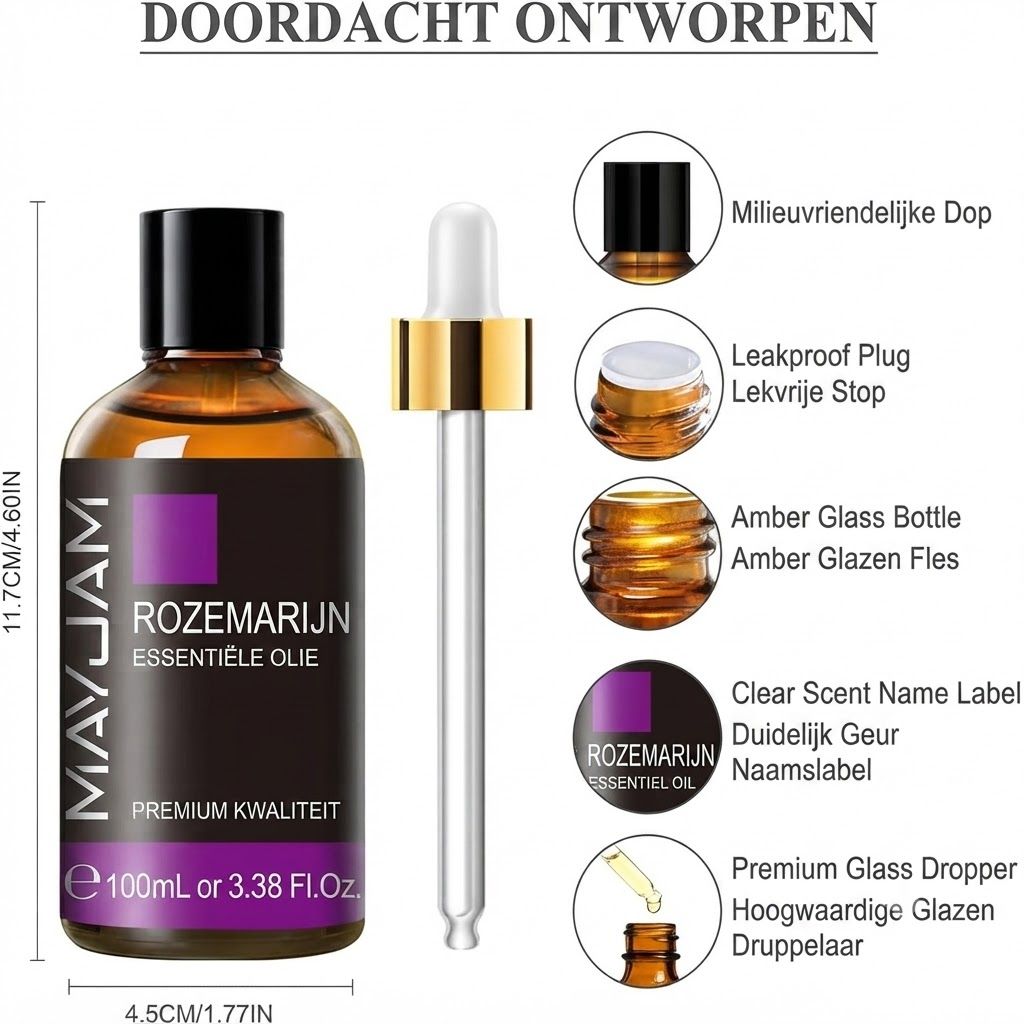 Amberkleurig glazen flesje met druppelaar, 100ml rozemarijnolie.