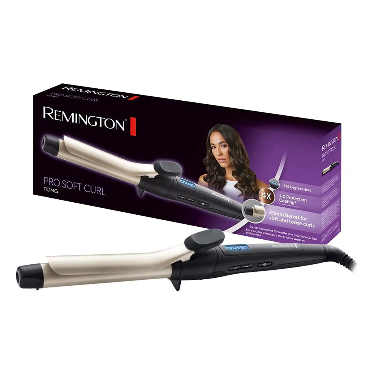 Fer à boucler avec emballage. Boîte noire avec logo Remington et nom du produit. Image du produit.
