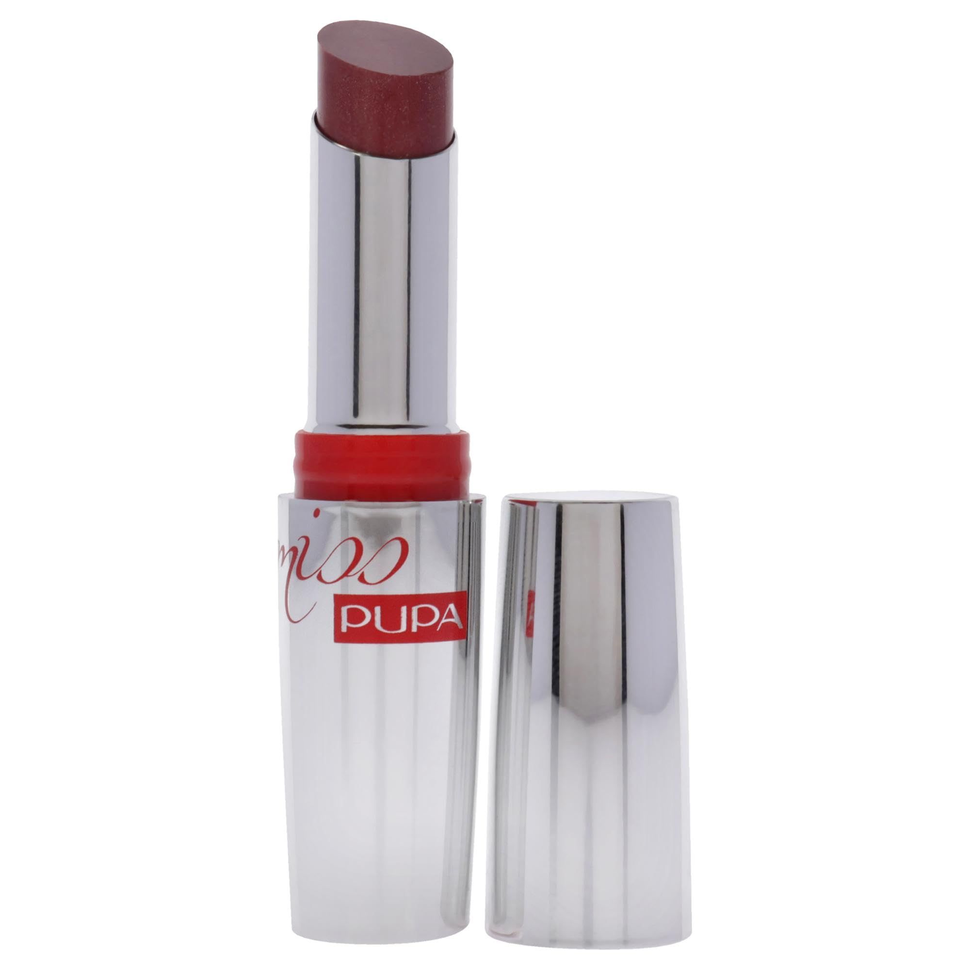 Rouge à lèvres Pupa Rossetto Miss Pupa 603, ouvert. Boîtier argenté, anneau rouge. Rouge à lèvres bordeaux foncé.