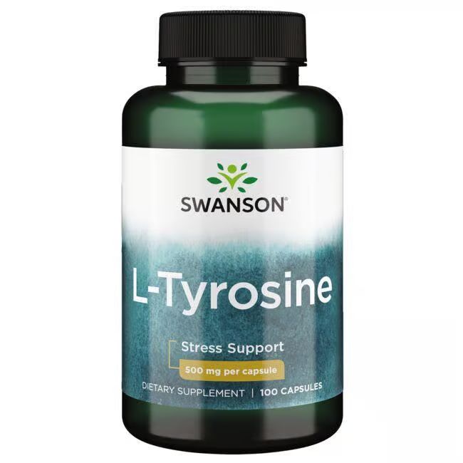 Flacon vert avec étiquette blanche. Inscription: SWANSON L-Tyrosine, 500 mg par capsule, 100 capsules.