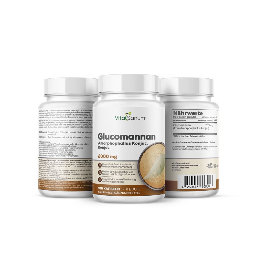 Trois flacons de gélules. Inscription: VitaSanum, Glucomannan 2000 mg. Image de racine de konjac. 100 gélules. Valeurs nutritionnelles.