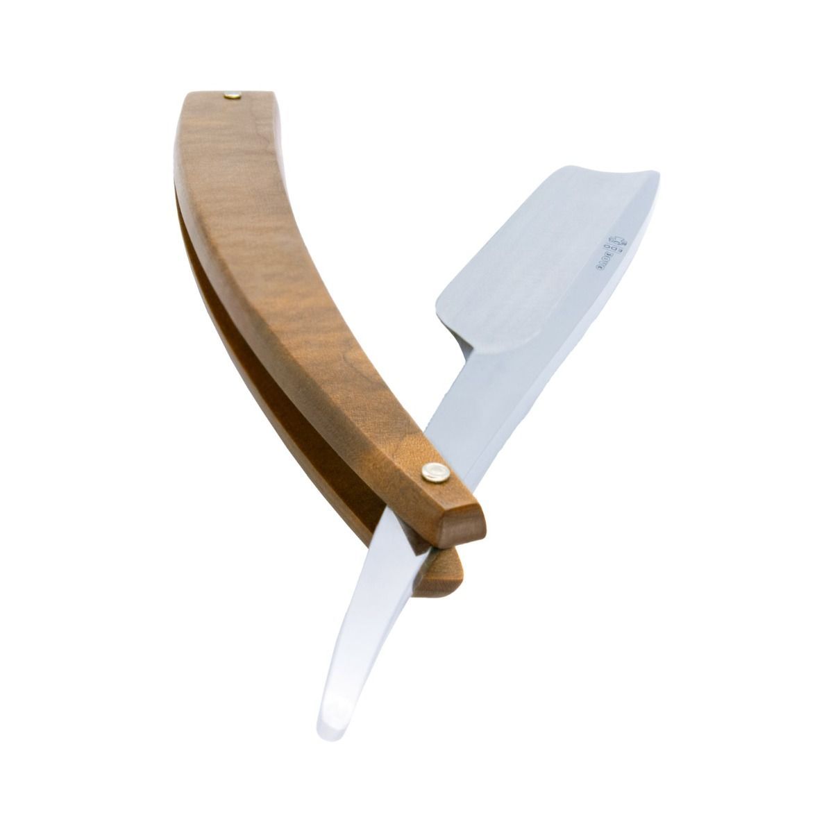 Open scheermes met metalen lemmet en lichte houten handgreep. DOVO Solingen. Detail van lemmet en houten handvat.