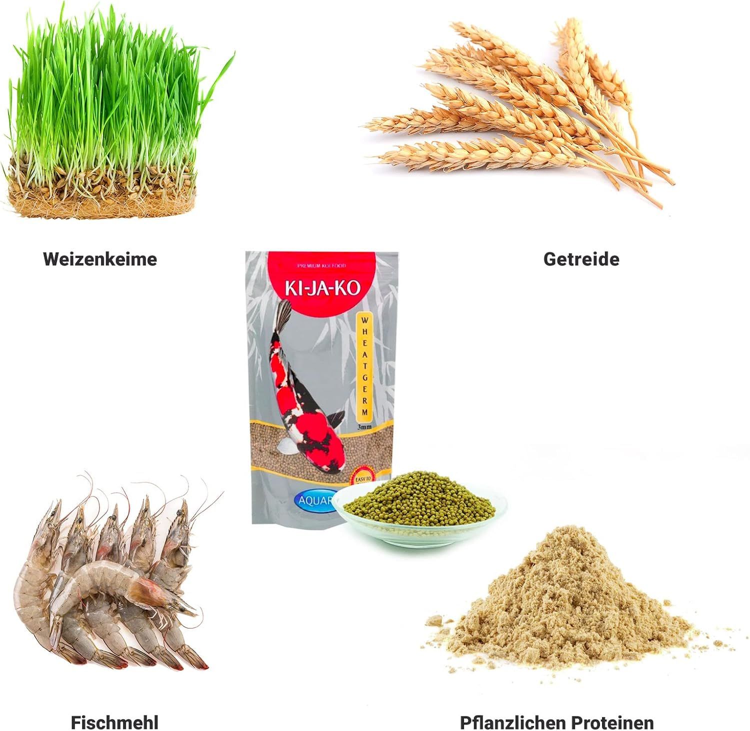 Ingrediënten voor visvoer: tarwekiemen, granen, visvoer, vismeel en plantaardige eiwitten.