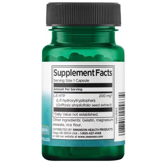 Dos du flacon vert. Étiquette avec informations nutritionnelles. Contient L-5 HTP (200mg) et autres ingrédients.
