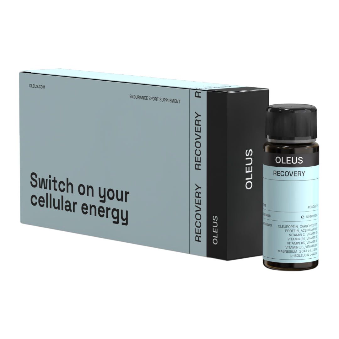 Un flacon et une boîte. "Switch on your cellular energy" sur la boîte. "OLEUS RECOVERY" sur le flacon.
