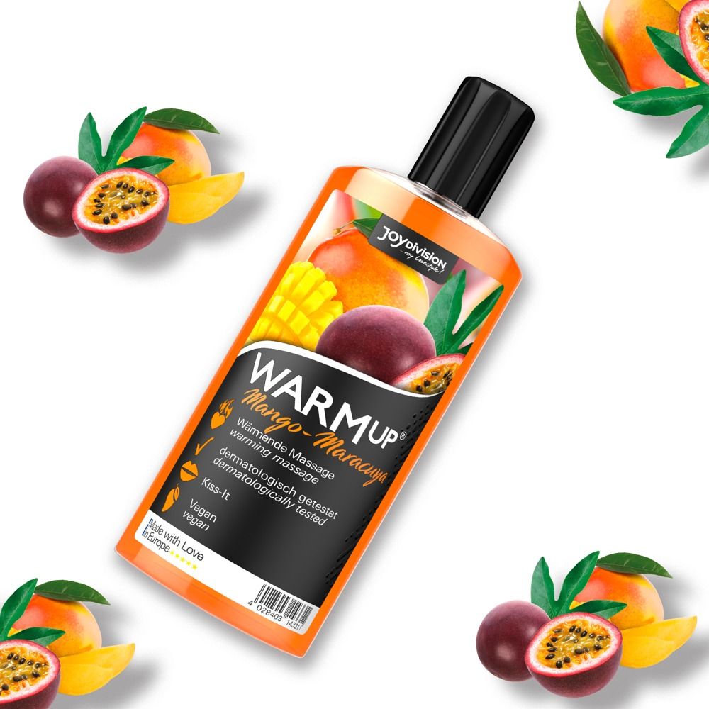 Fles WARUP Mango-Passievrucht massagevloeistof met fruit en zegels.