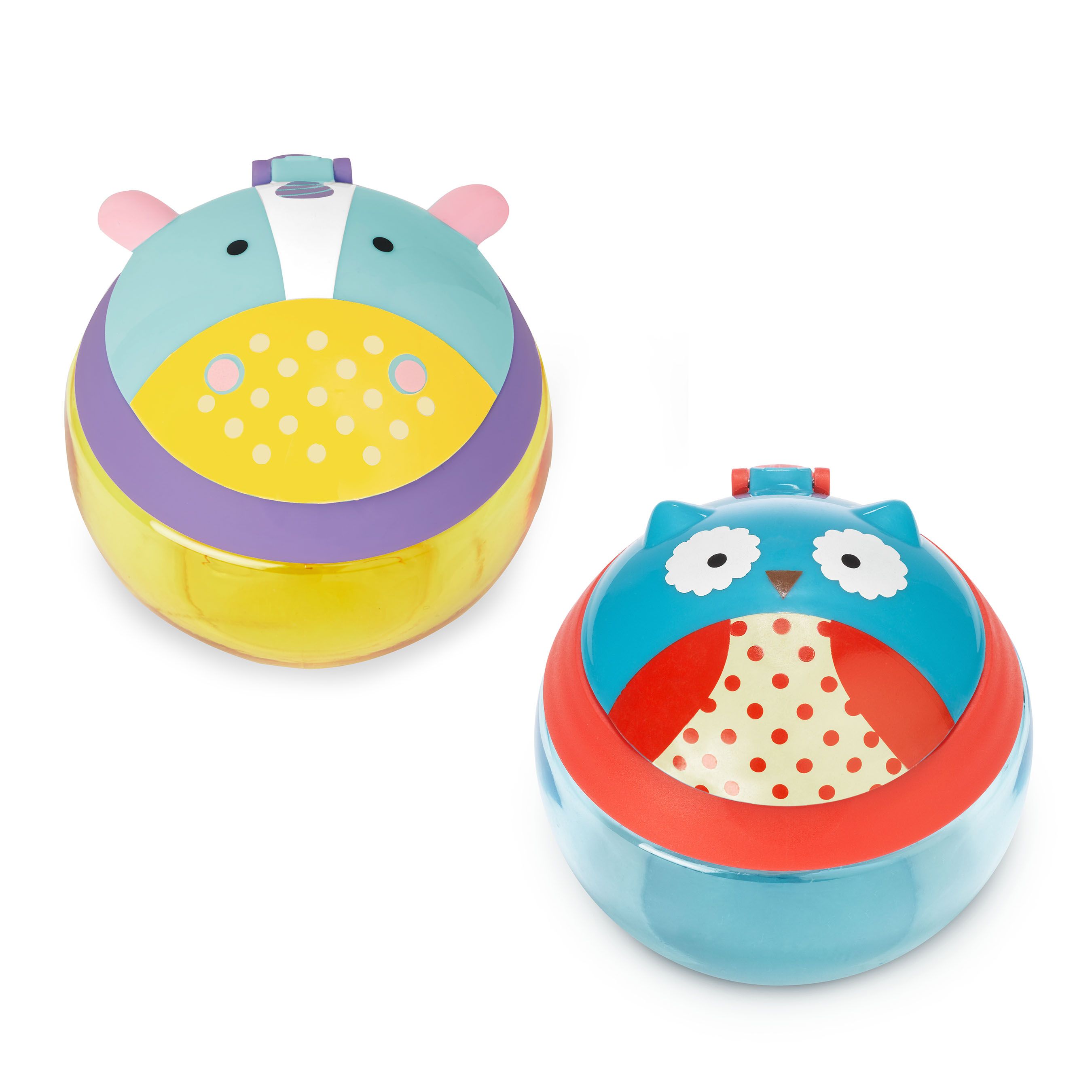 Twee snackboxen met dierendesign. Ronde containers, geel en blauw, met deksels en handvatten.