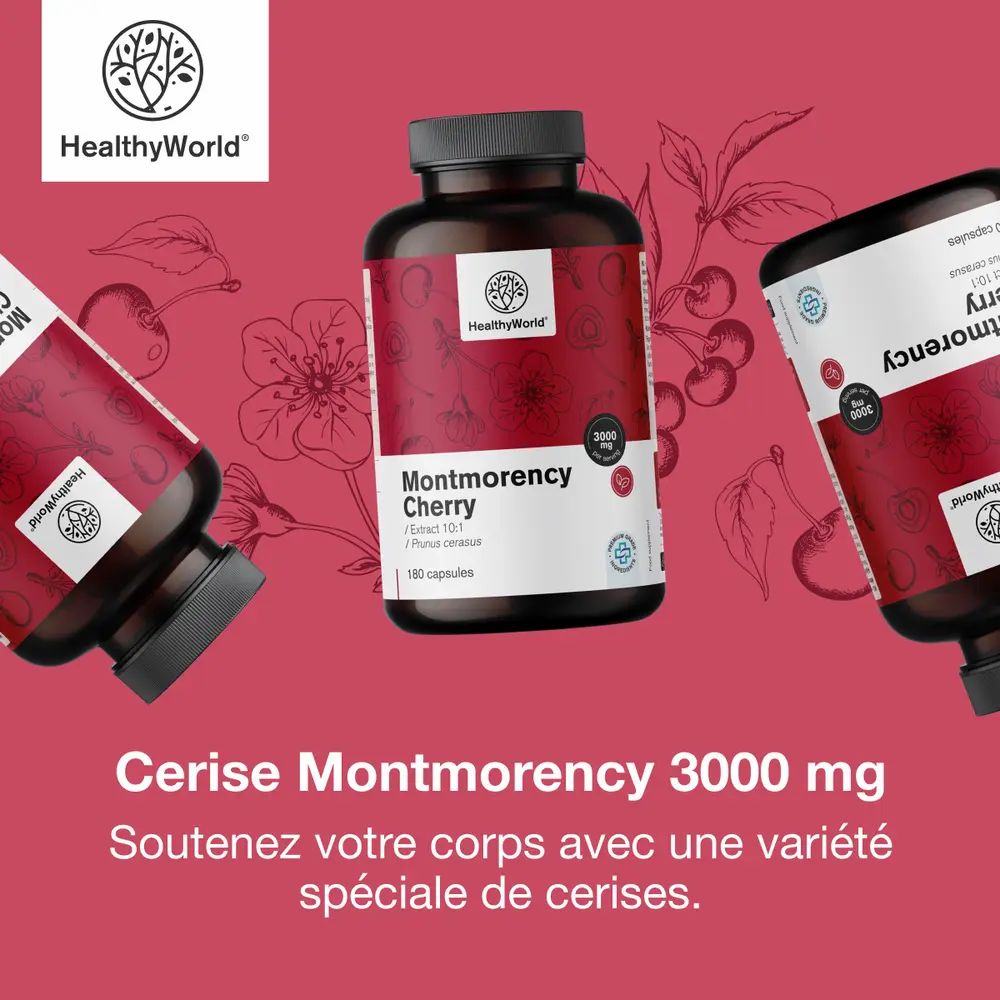 Trois flacons avec inscription: Cerise Montmorency 3000 mg, 180 gélules. Logo: HealthyWorld. Fond rouge.