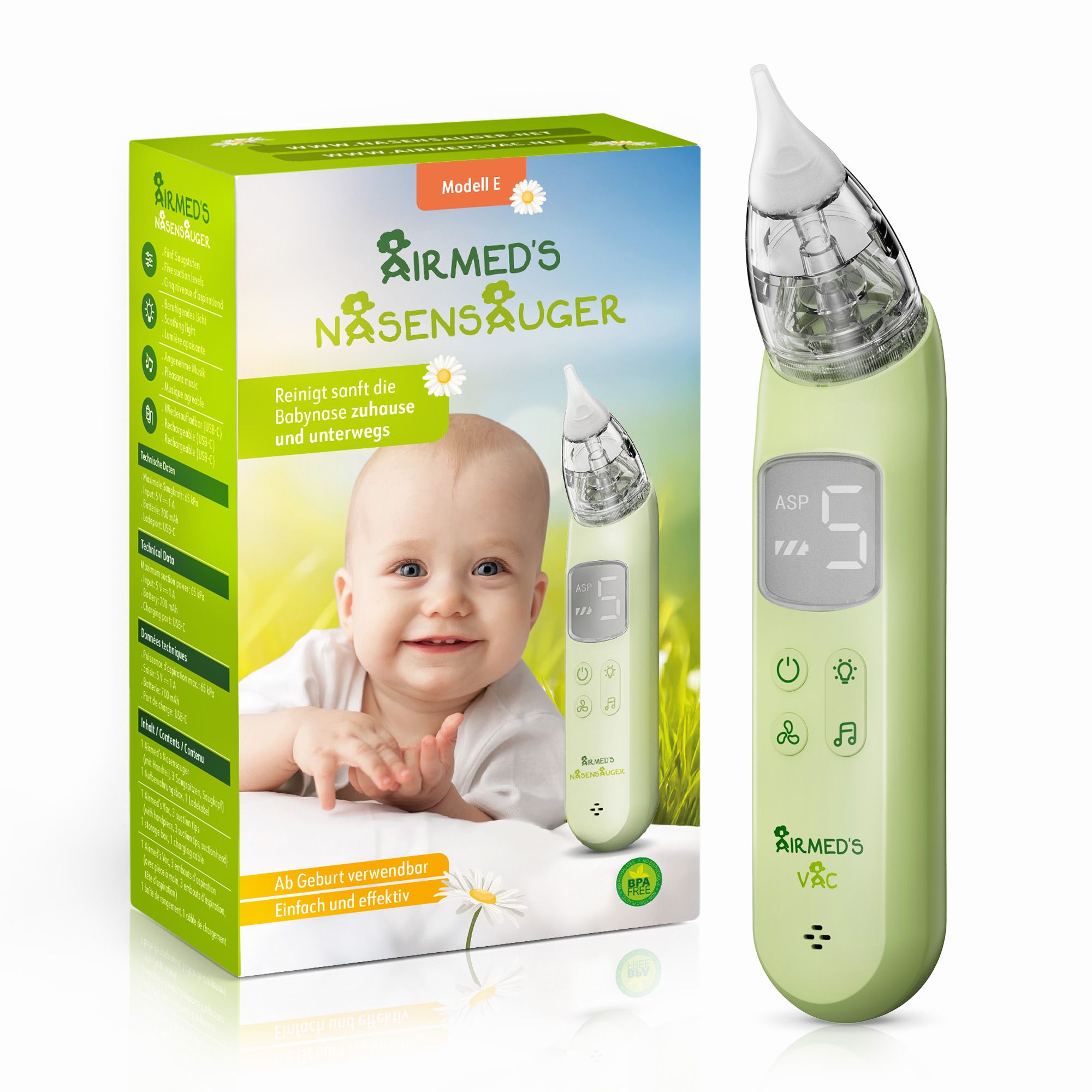Aspirateur nasal vert modèle E à côté de son emballage. "Utilisable dès la naissance. Simple et efficace."