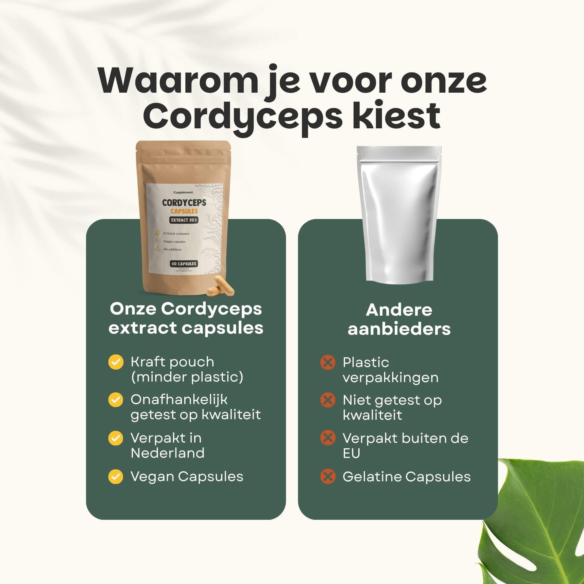 Vergelijking: Cordyceps extract capsules vs. andere aanbieders. Kraft papieren zakje. Vegan. Niet getest. Gelatine capsules.