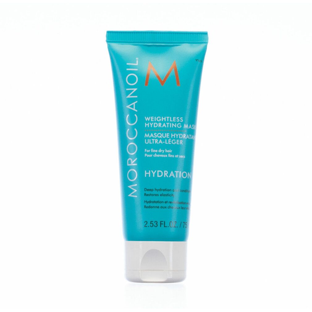 Turquoise tube met witte dop. Opschrift: Moroccanoil, Weightless Hydrating Mask, Hydration. Voor fijn haar.