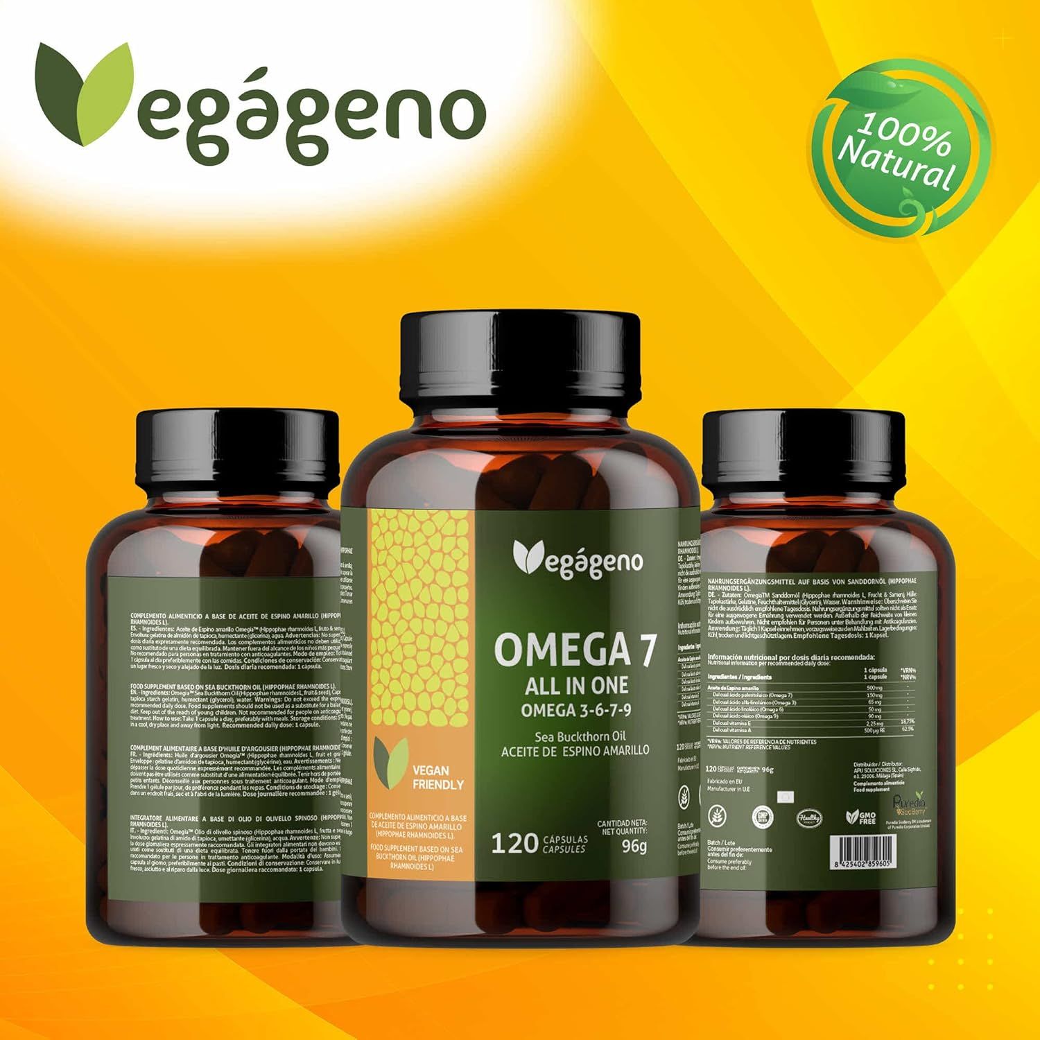 Trois bouteilles Vegagenu Omega 7, dont une avec l'étiquette '100% Natural'.