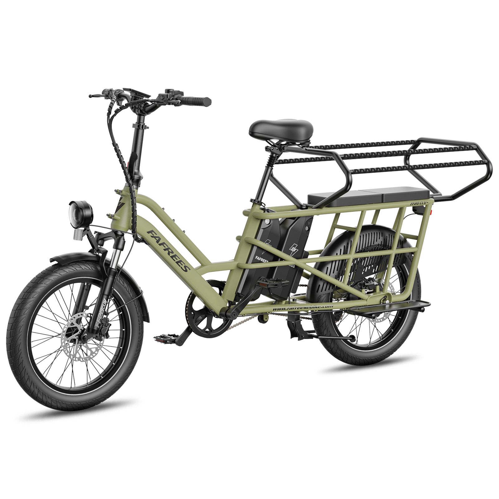Vélo cargo électrique vert avec deux batteries et grand porte-bagages arrière.