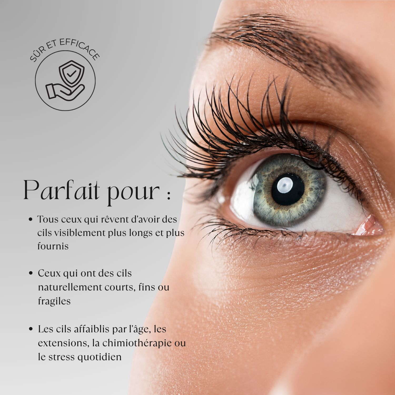 Sérum pour cils BEAUTICAL. Flacon noir avec applicateur. Bouchon argenté. Avantages.