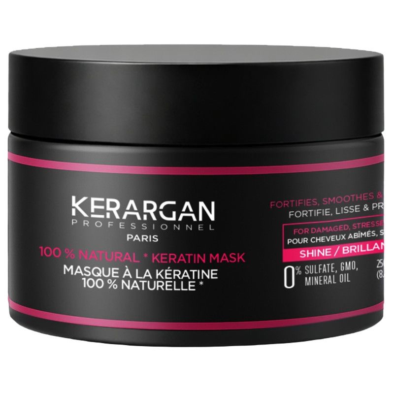 Pot noir avec étiquette rose. Inscription : KERARGAN, masque à la kératine. Pour cheveux abîmés. Brillance.