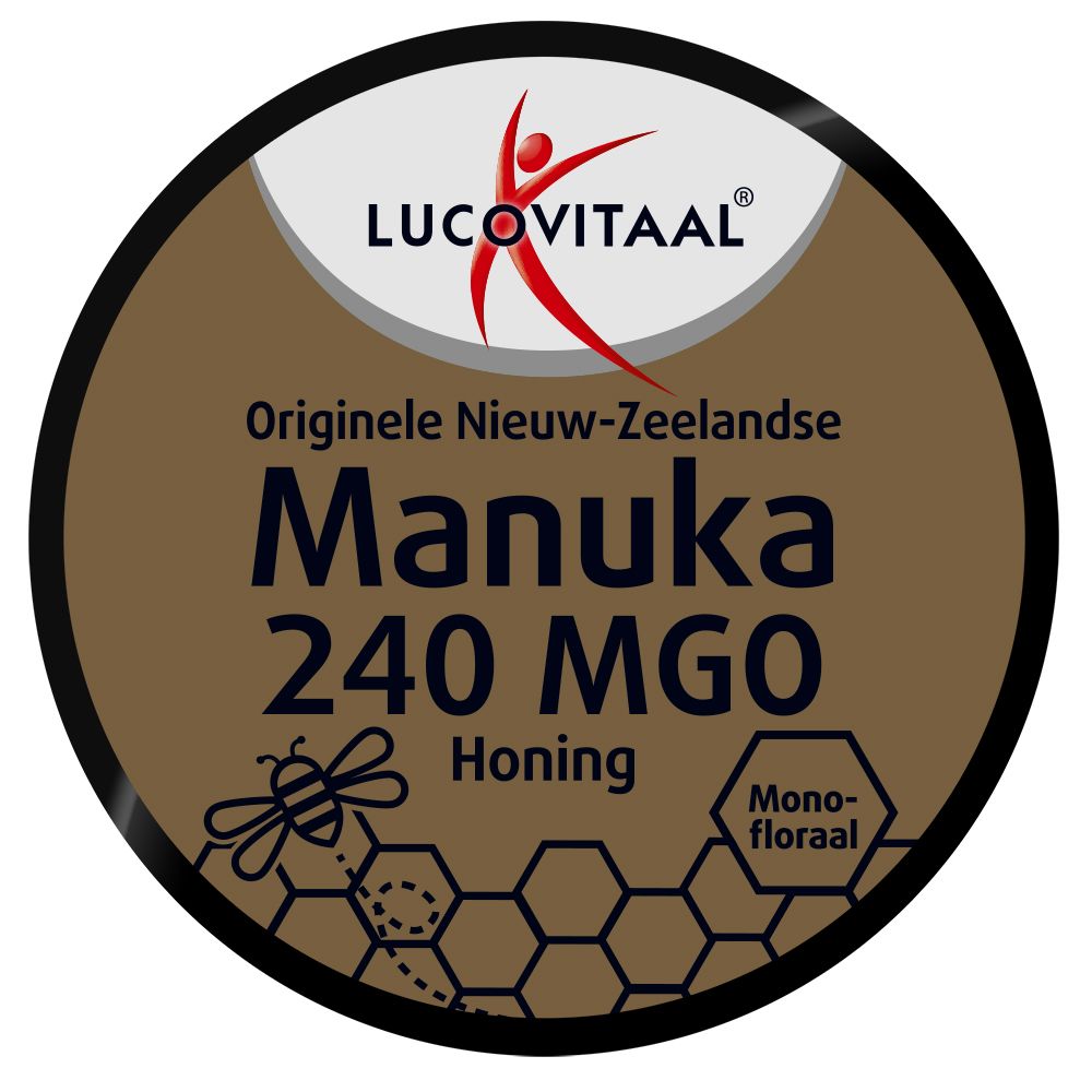 Ronde deksel met logo en tekst 'Manuka 240 MGO Honing'. Bruine en gouden kleuren. Met bijen illustratie.