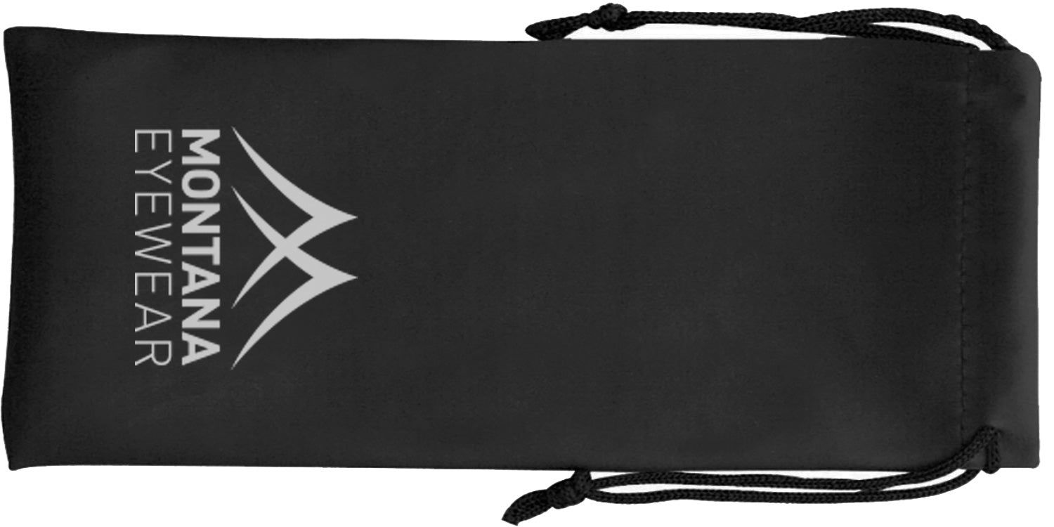 Zwarte brillenkoker met "MONTANA EYEWEAR" logo en trekkoord.