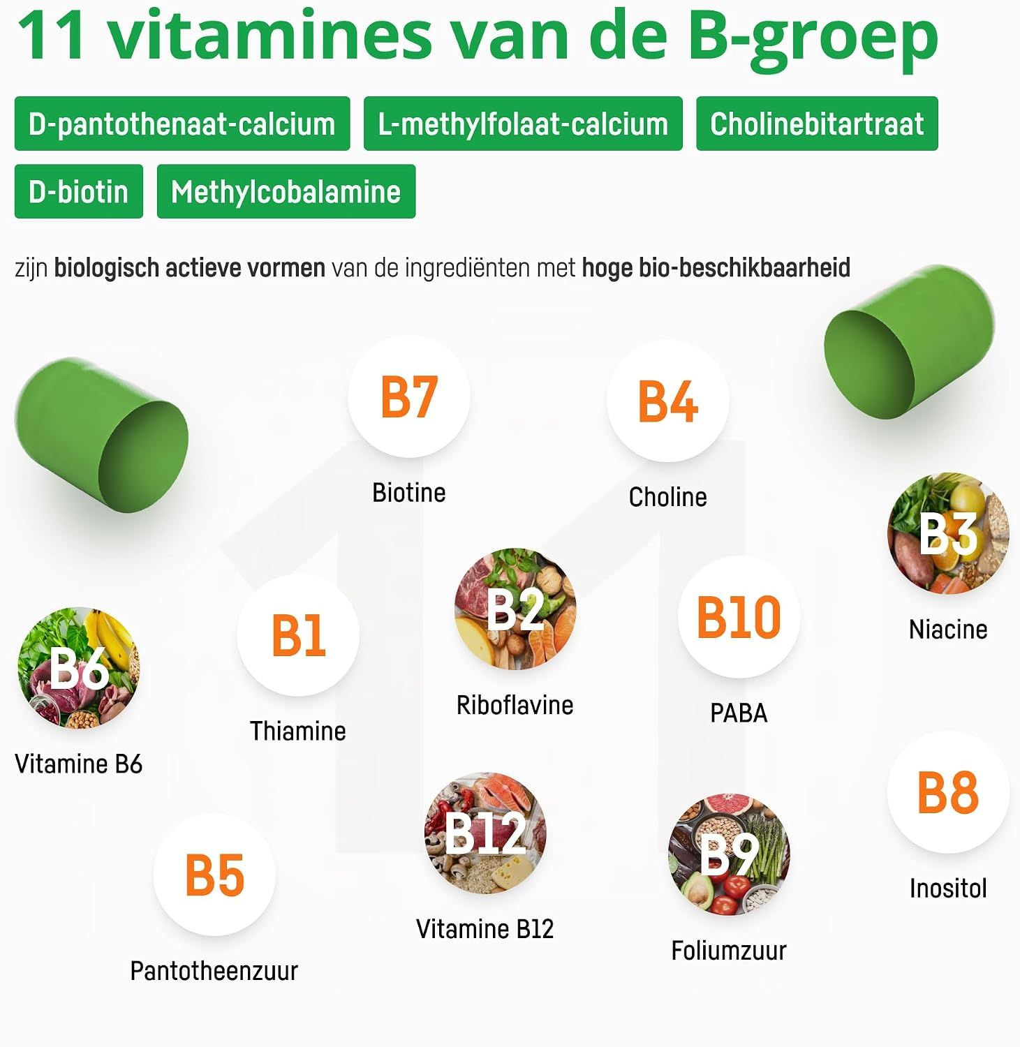 Grafiek toont 11 B-groep vitamines met hun namen en chemische vormen.