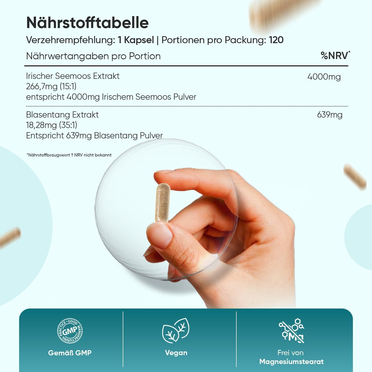 Voedingstabel met ingrediënten en dosering van Iers mos capsules. Hand houdt capsule vast. GMP, Vegan, zonder magnesiumstearaat.