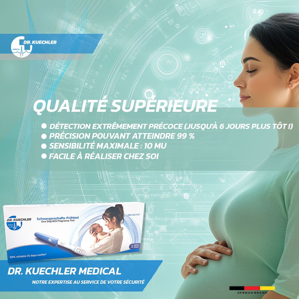 Femme enceinte, emballage de test au premier plan. "Qualité supérieure", "Détection très précoce".