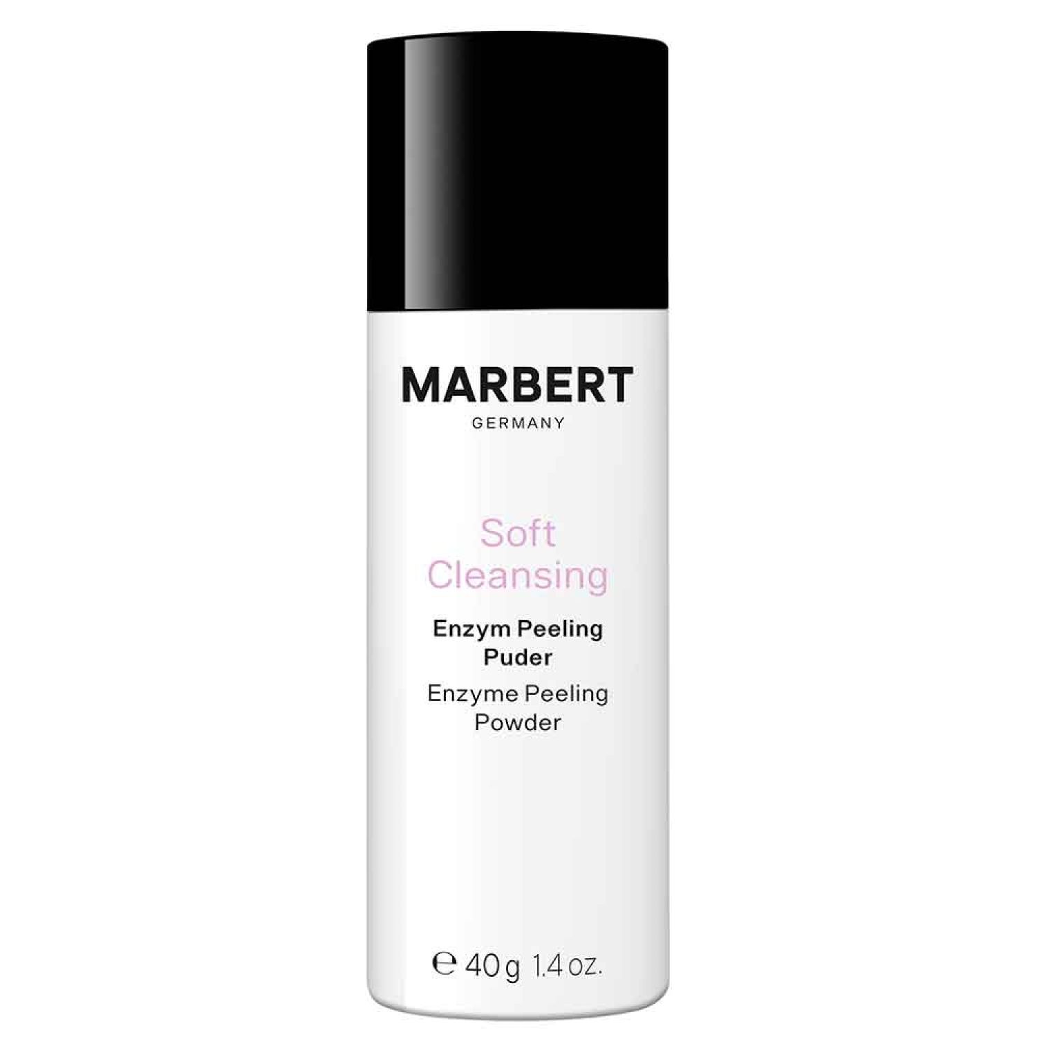 Cilindrische fles met zwarte dop. Opschrift: MARBERT, Soft Cleansing, Enzym Peeling Puder. Gewicht: 40g.