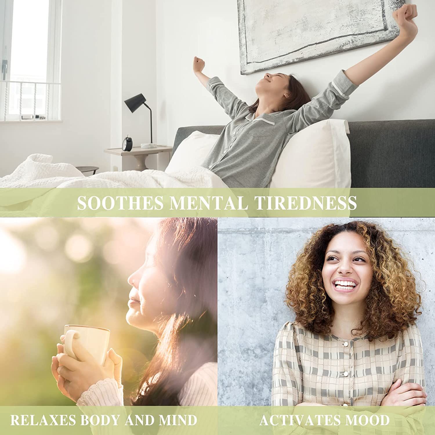 Collage: vrouw strekt zich uit in bed, drinkt thee, lacht. Vanilleolie voor ontspanning en stemming.