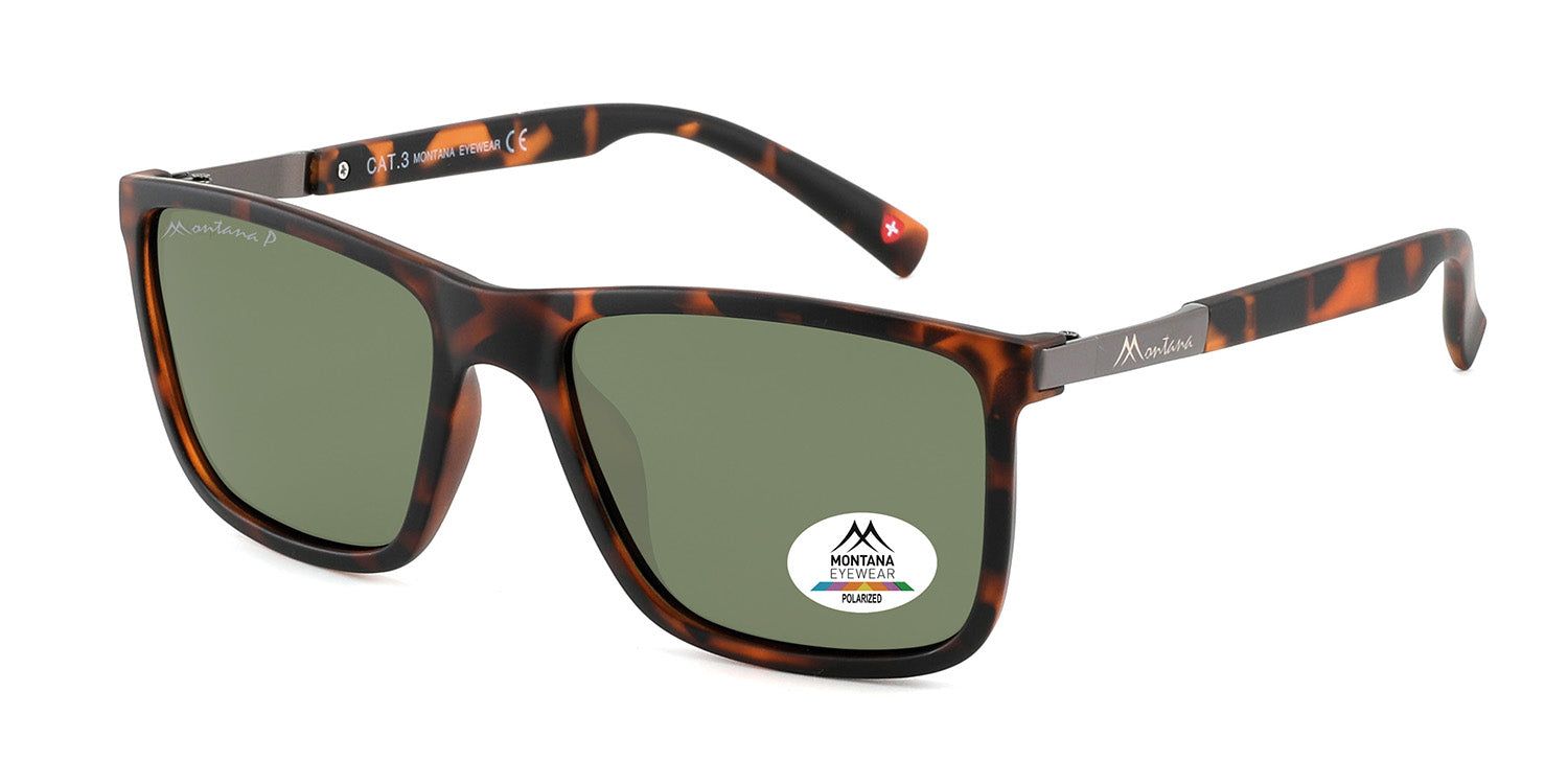 Lunettes de soleil avec monture marron et verres verts. Branches métalliques et logo Montana Eyewear. Autocollant sur le verre.