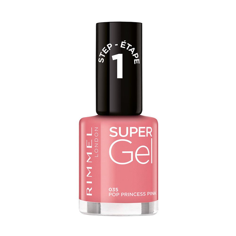 Flacon de vernis à ongles, teinte rose, inscription "Super Gel". Bouchon noir avec inscription "Step 1".