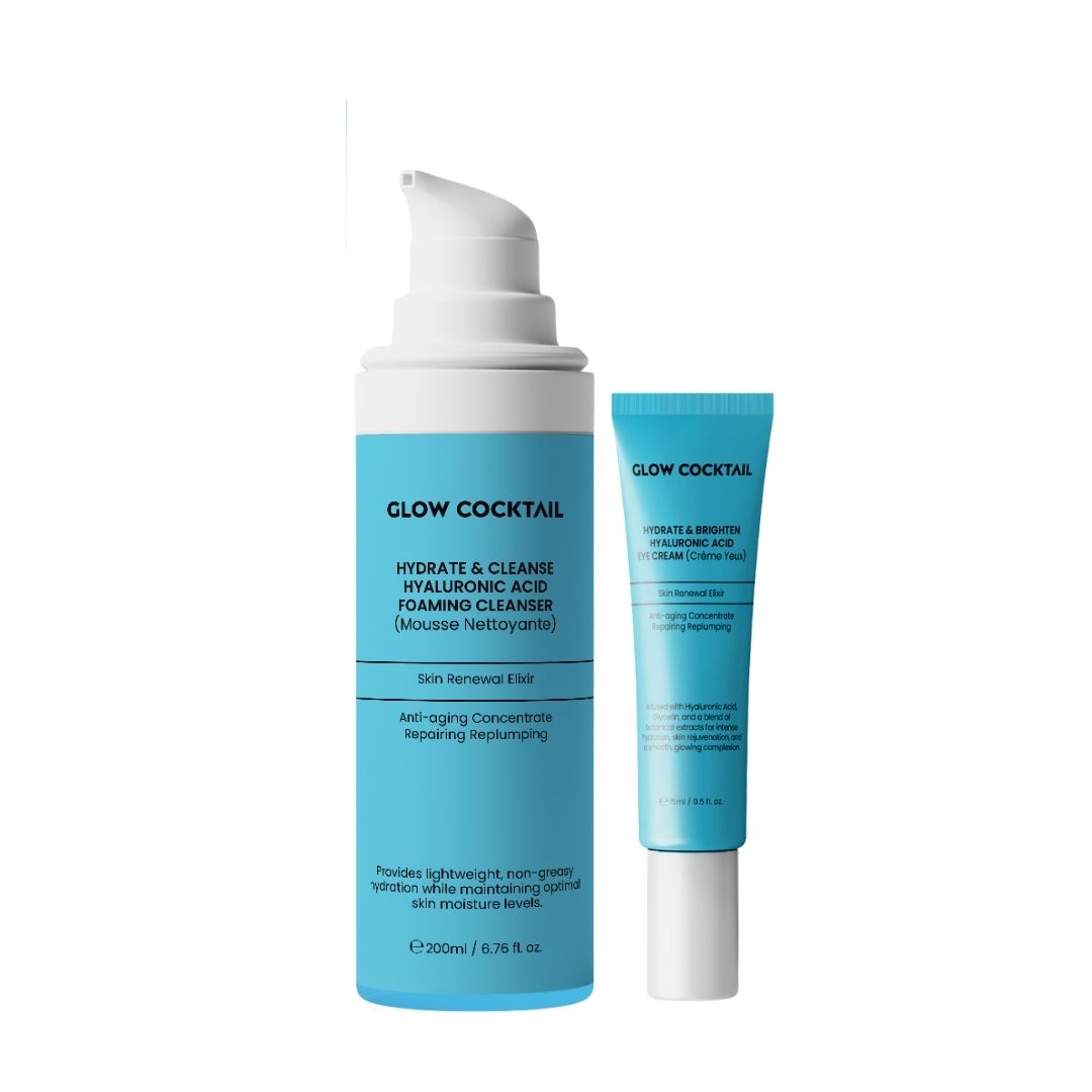 Deux produits cosmétiques : un flacon et un tube. Inscription : Glow Cocktail, acide hyaluronique, nettoyant et crème pour les yeux.