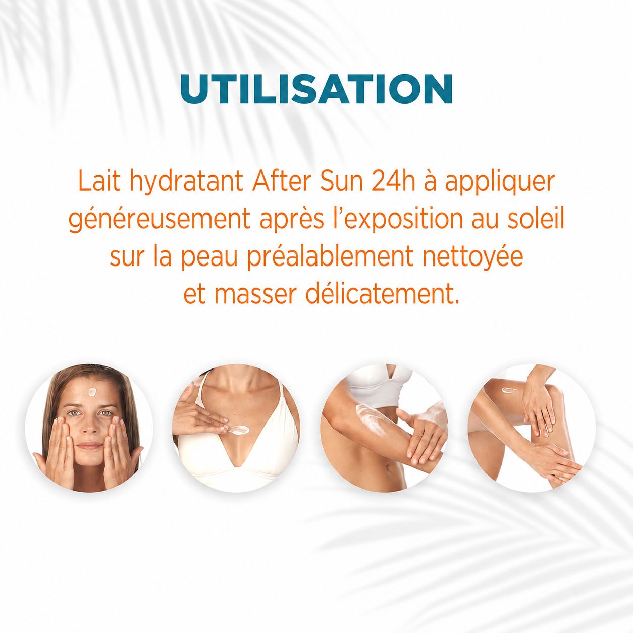 Application de lait après-soleil sur le visage, la poitrine, le bras et la jambe.