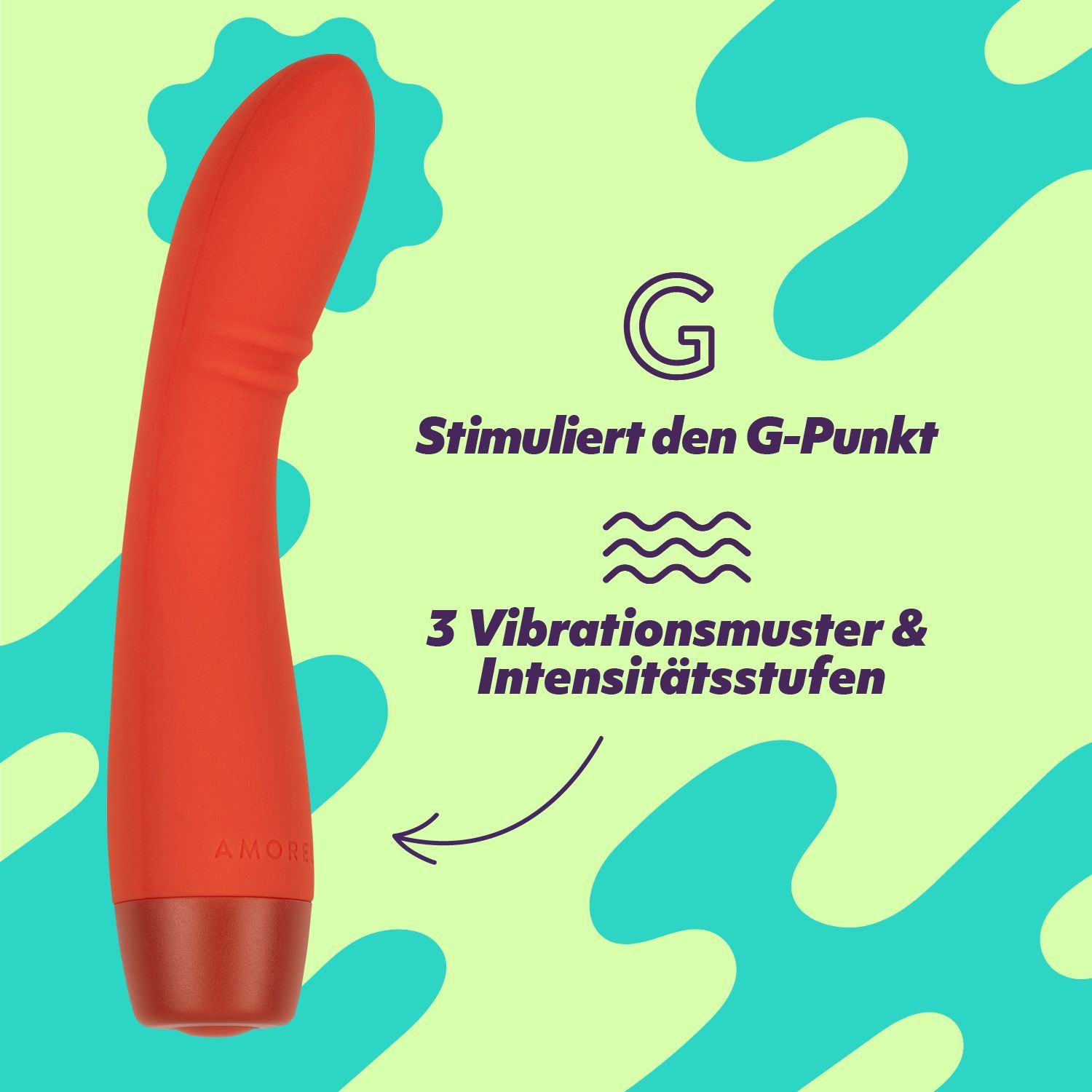 Vibrateur rouge avec stimulation du point G. Texte: 3 motifs de vibration et niveaux d'intensité.