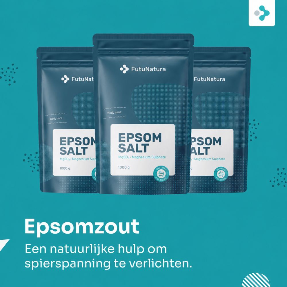 Drie zakjes FutuNatura Epsomzout. Tekst: Een natuurlijke hulp om spierspanning te verlichten.