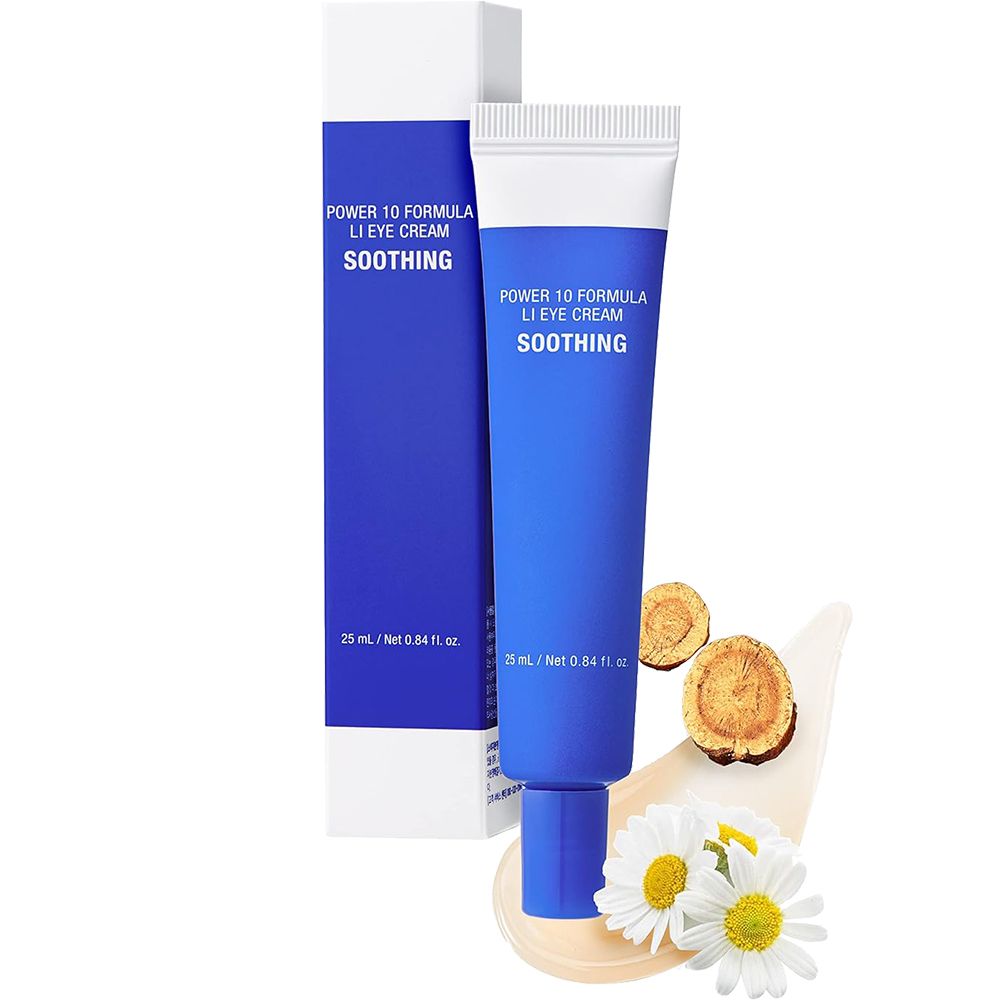 Tube bleu et emballage. Inscription : POWER 10 FORMULA LI EYE CREAM SOOTHING. Camomille et racine de réglisse.